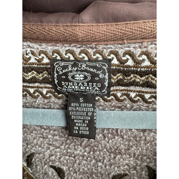 Lucky Brand Embroidered Faux Fur Trim Hoodie Duster Dress Womens Small Brown - Picture 9 of 12